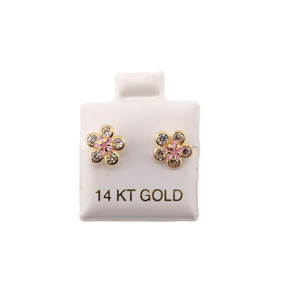 14K Gold Flower Stud Earrings Pink and White Cubic Zirconia Jewelry**